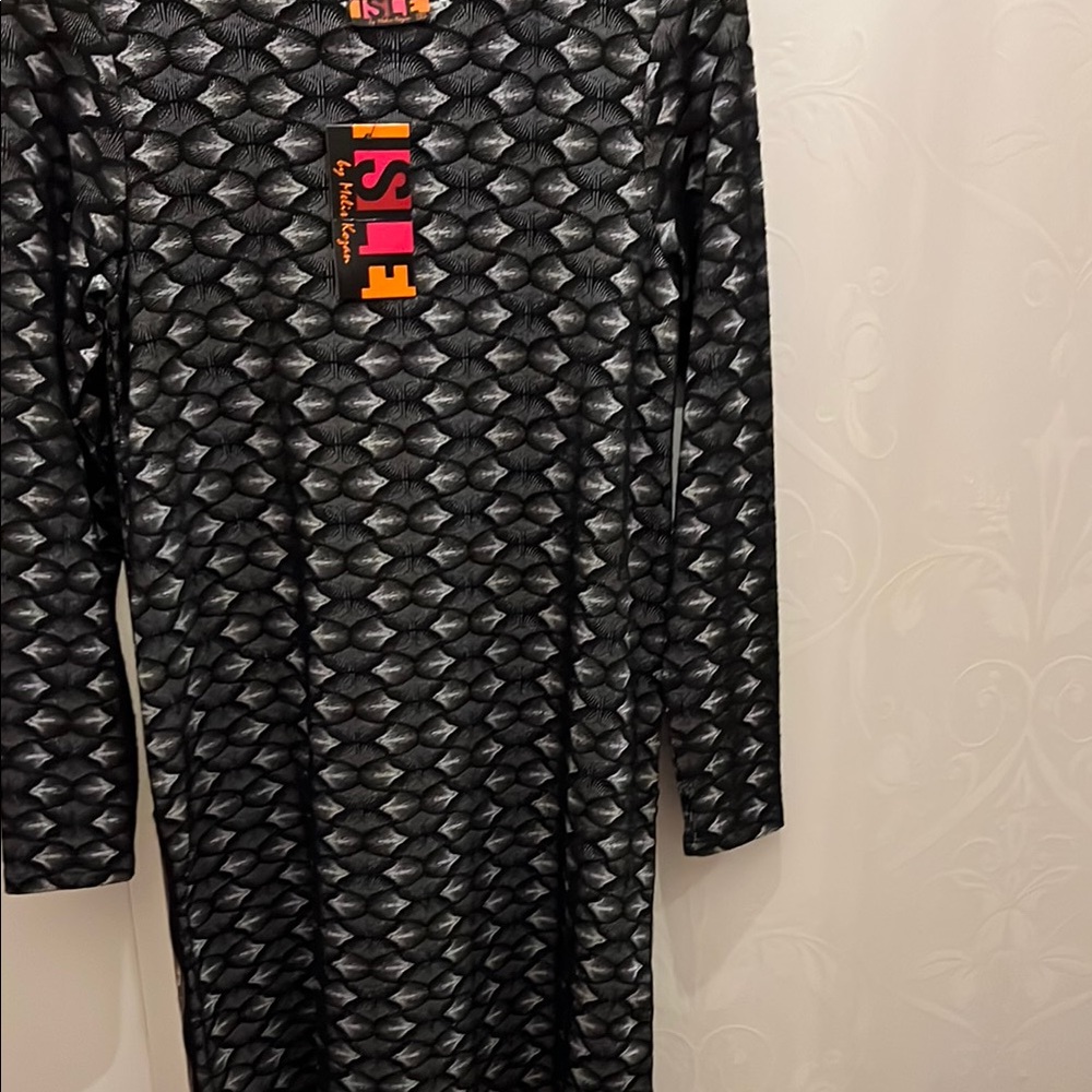 Knee-Length Black and Silver Sheath Dress with Long Cuffed Sleeves